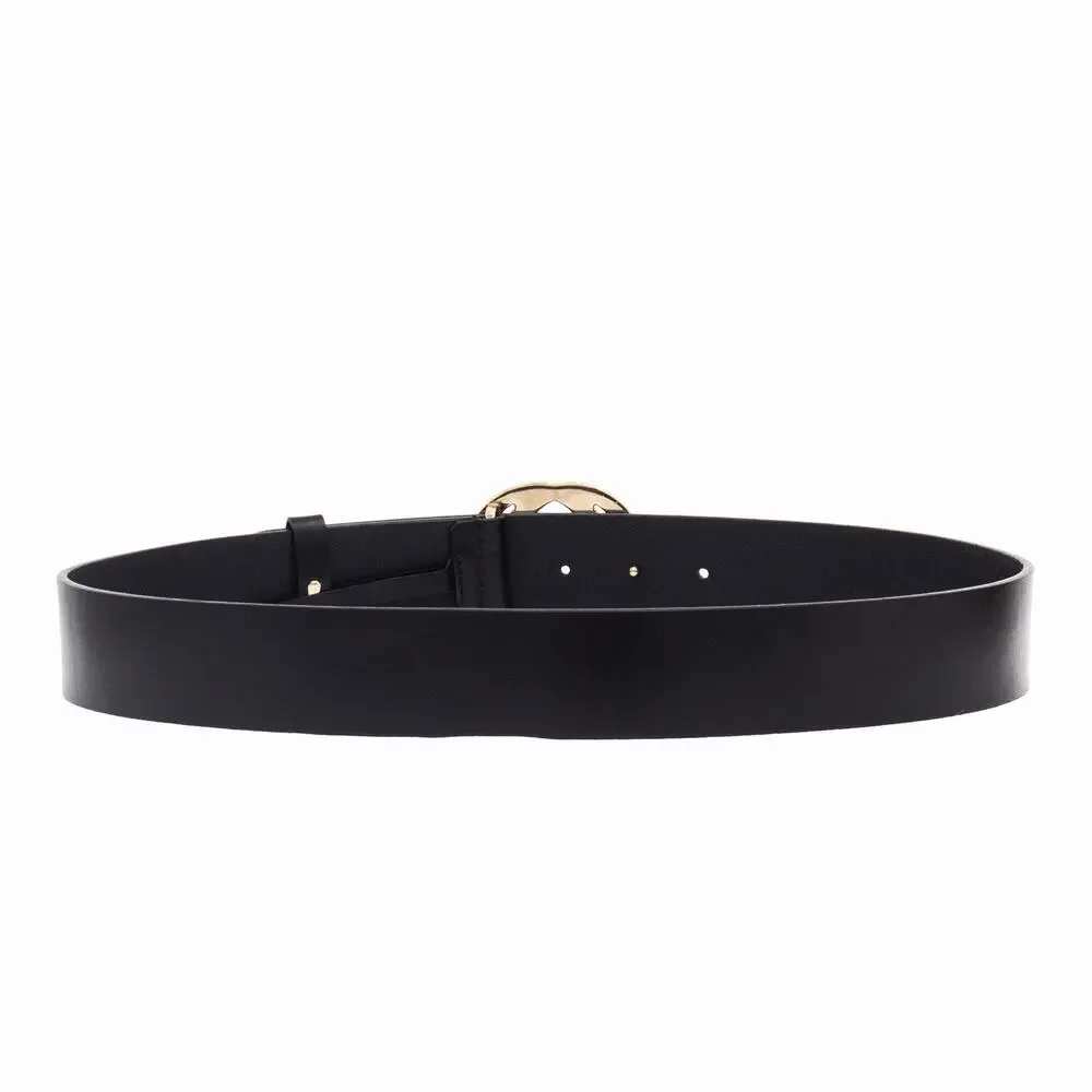 570$ GUCCI Black Leather Belt Gold-Tone Textured Interlocking GG Buckle 85/34